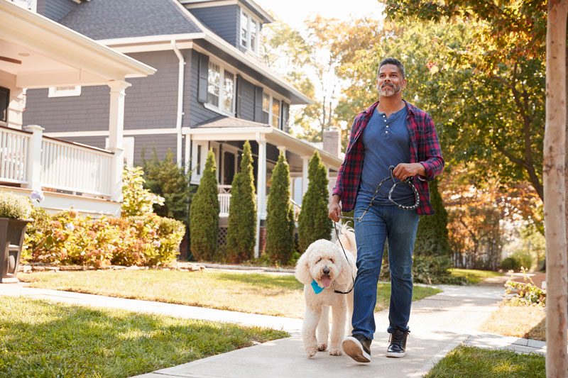 man walking dog