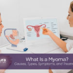 woman pointing at uterus poster with banner that reads, what is a myoma?"